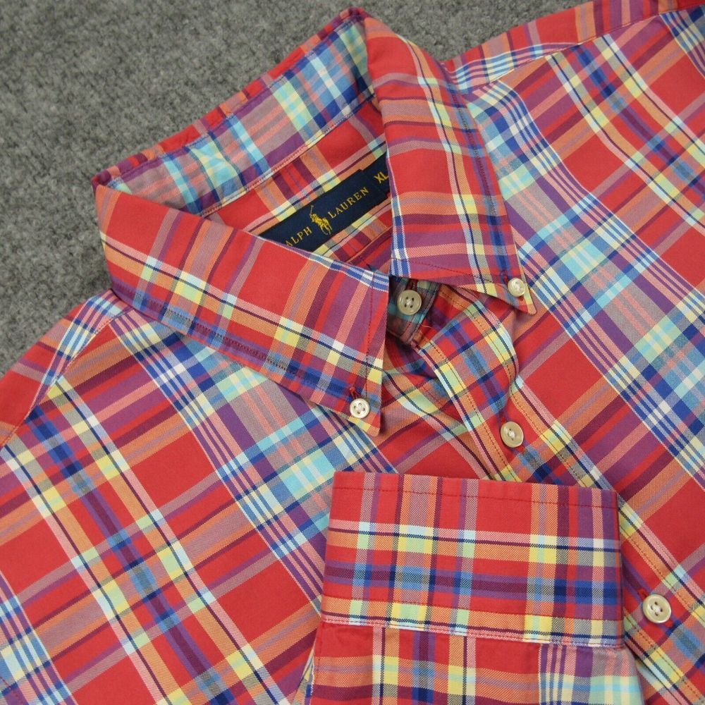 Ralph Lauren Shirt Mens Extra Large Red Multicolor Plaid Long Sleeve Yellow Pony